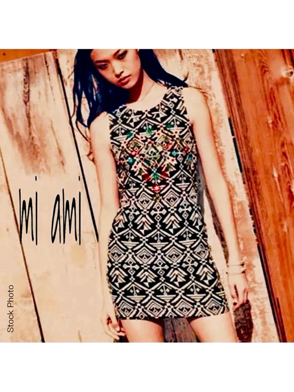 MI AMI Open-Back Embroidered Blue White Patterned Dress (S)